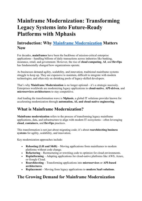 Mainframe Modernization: Transforming Legacy Systems into Future-Ready Platforms with Mphasis