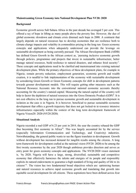 Mainstreaming green economy into national development plan nv202020