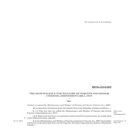 Maintenance and welfare of parents and senior citizens (amendment) bill, 2019 