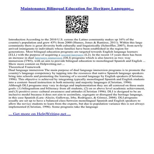 Maintenance Bilingual Education For Heritage Language...