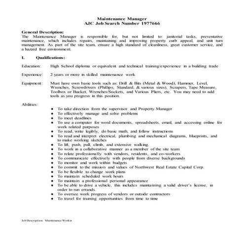 Job Description Maintenance Planner | DOCX