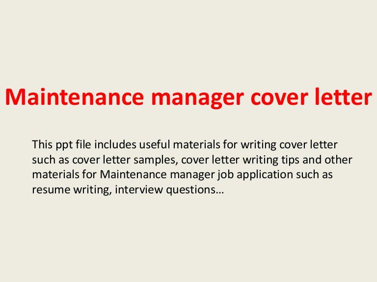 Maintenance Manager Cover Letter