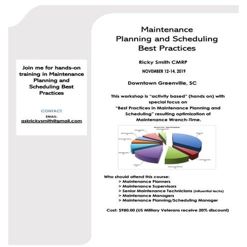 Maintenance Planning and Scheduling Workshop  - Greenvile, SC November 12-14,...