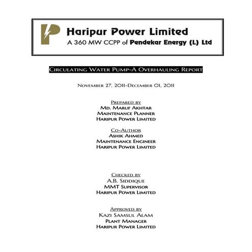 Maintenance report on Circulating Water Pump (CWP) Overhauling
