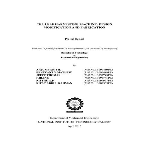 Tea Leaf Harvesting Machine: Design Modification and Fabrication