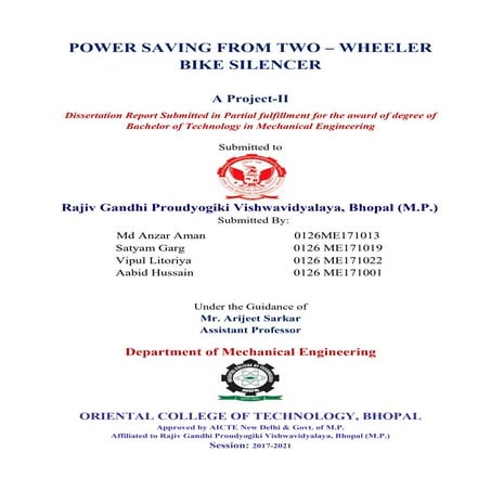 Thesis Report on Power Saving From Two -Wheeler Bike Silencer