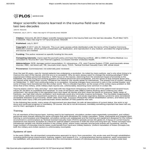 Major scientific lessons learned in the [combat] trauma field over the last two decades. summary research overview 2017