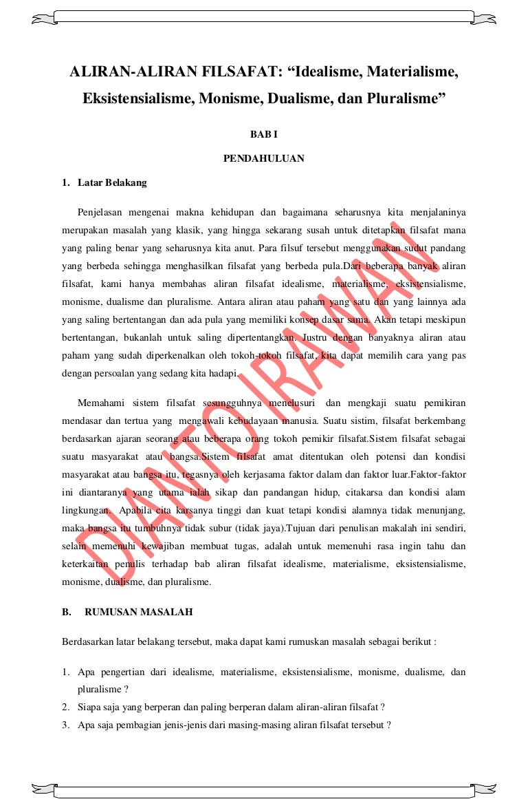 Makalah Aliran Filsafat Idealisme Materialisme Pluralisme Dualisme Mo