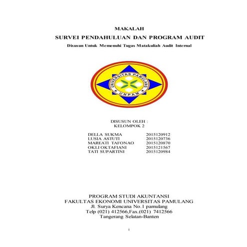 Makalah audit internal"survei pendahuluan dan program audit