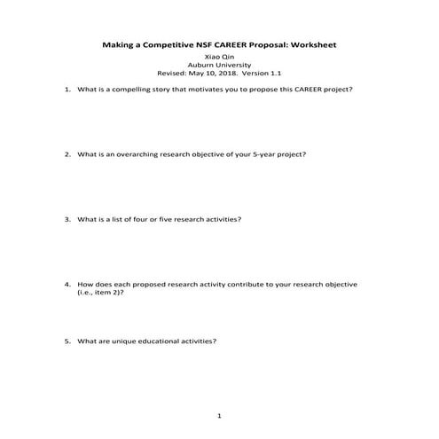 Making a competitive nsf career proposal: Part 2 Worksheet