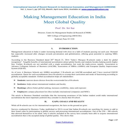 Making Management Education in India Meet Global Quality