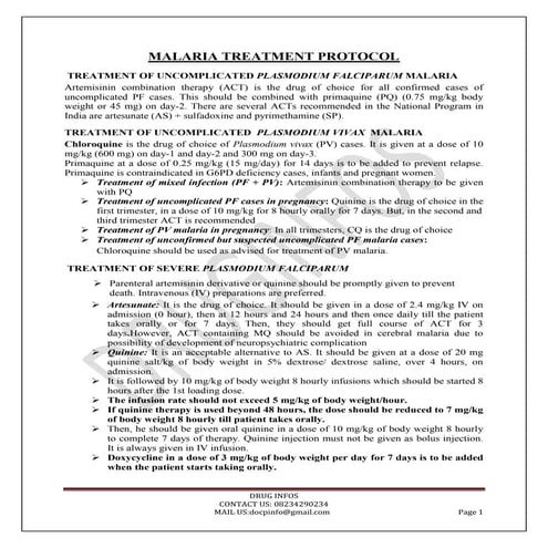 Malaria treatment protocol