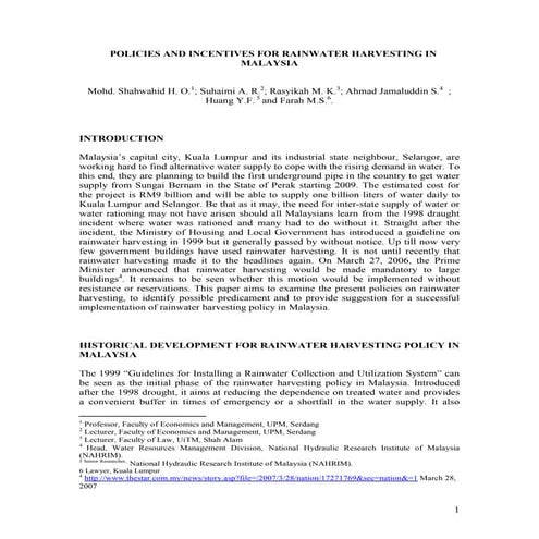 Malaysia;  Policies and Incentives for Rainwater Harvesting