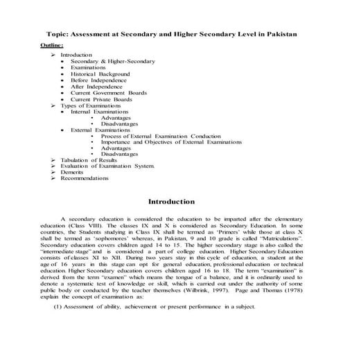 Assignment on Assessment at Secondary and Higher Secondary Level in Pakistan