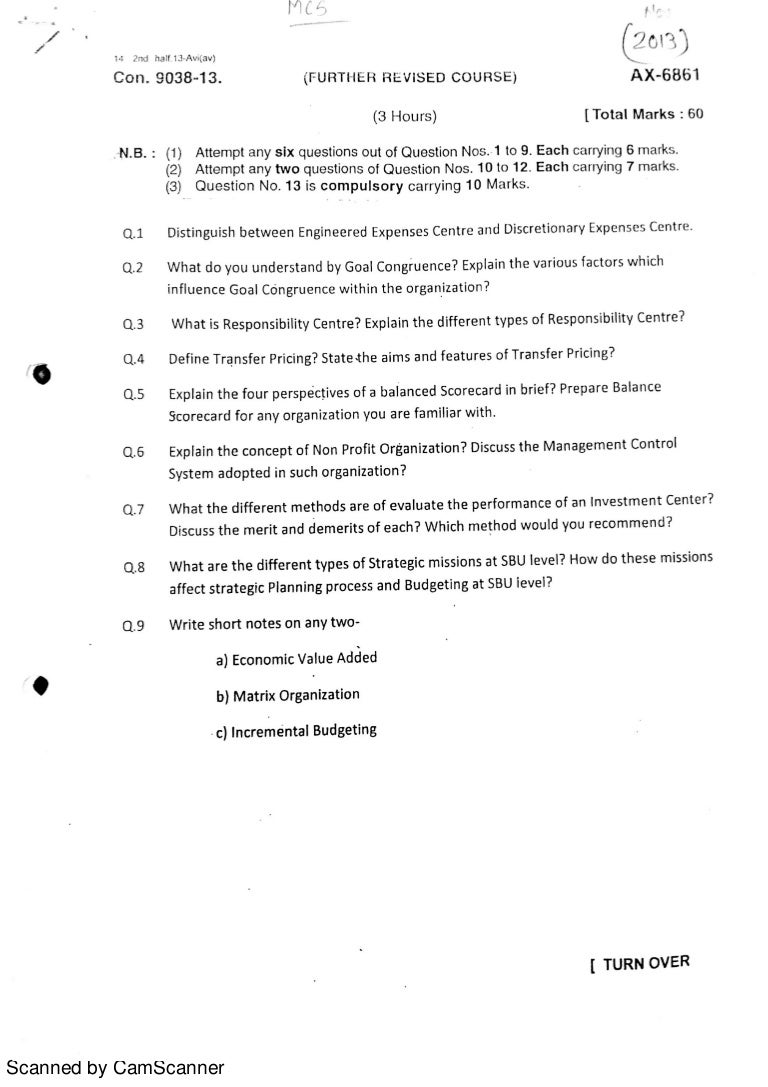Management control system question paper 2013 by mumbai university re…