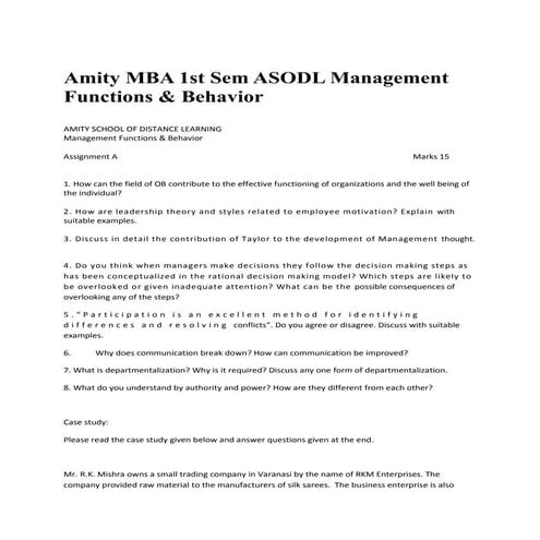 Amity MBA 1st Sem ASODL Management Functions & Behavior | DOC