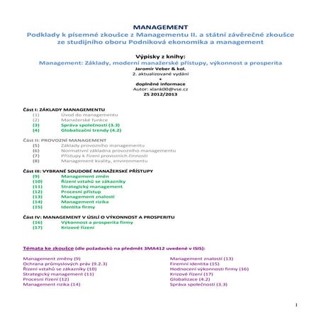 Management II. - materiál k magisterským státnicím