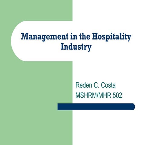 Management In The  Hospitality  Industry