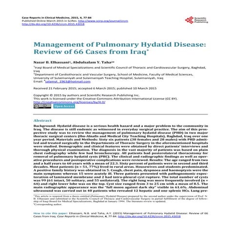Management of pulmonary hydatid cysts review of 66 cases from iraq