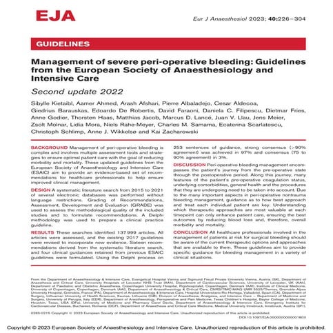 Updated 2022 ESAIC Guidelines for Managing Severe Peri-Operative ...