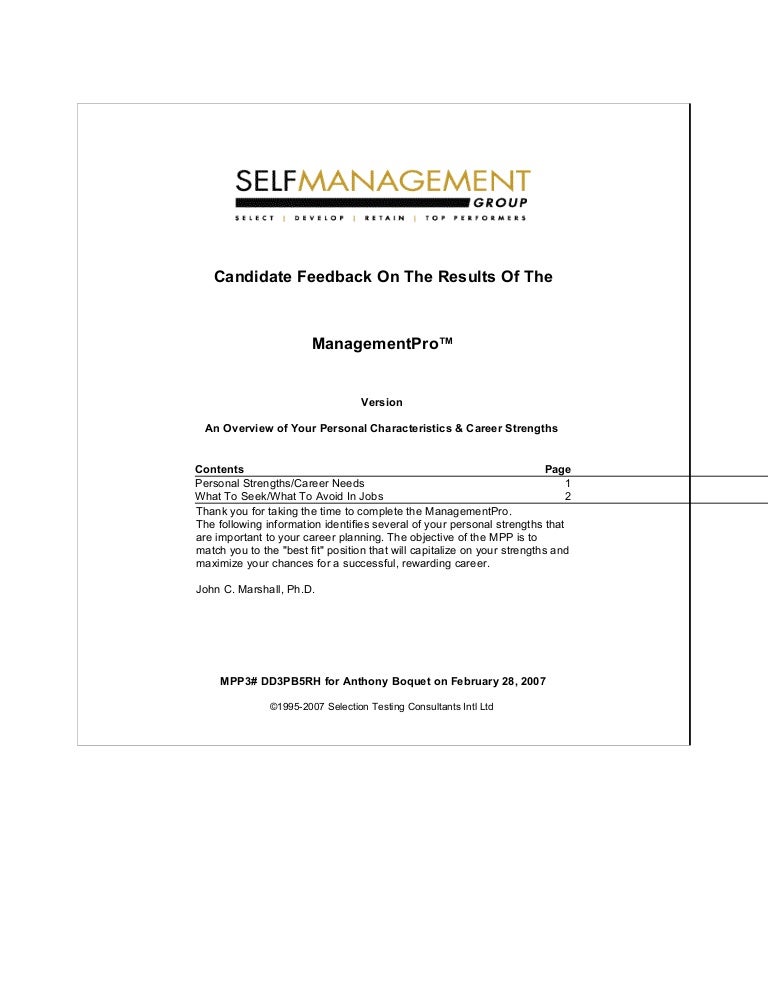 Personal Management Profile Summary
