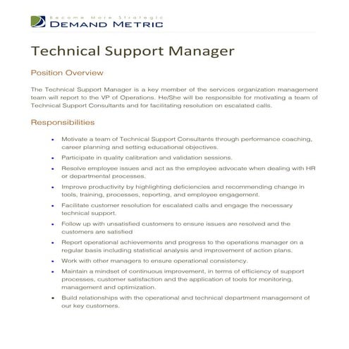 Manager Technical Support Job Description