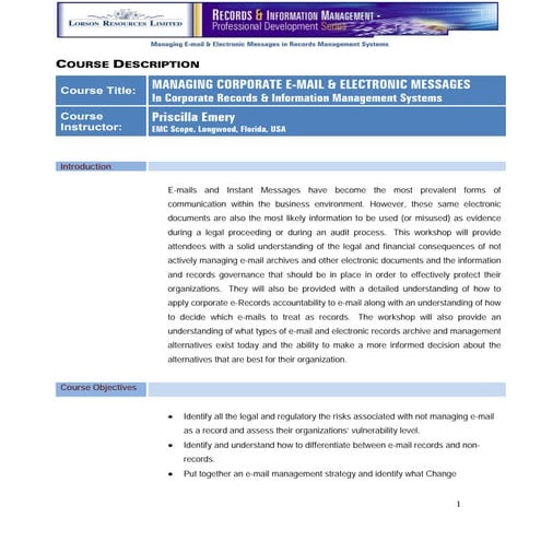 Course Outline - Managing Corporate E-Mail and Electronic Messages