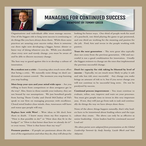 Managing for continued success