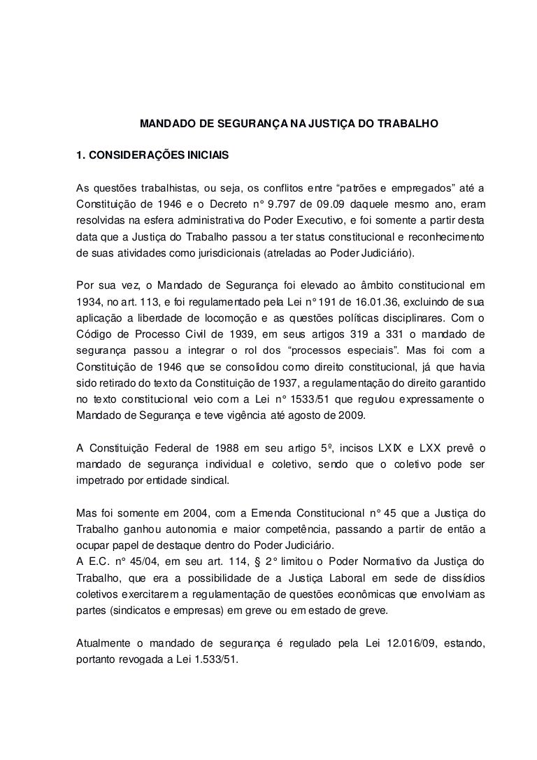 Mandado De Segurança Na Justiça Do Trabalho Mandado De Segurança Na Justiça Do Trabalho