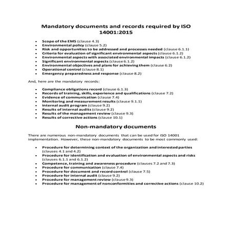 Mandatory documents and records required by iso 14001:2015