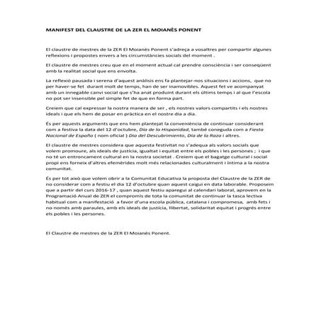 Manifest del claustre de la zer el moianès ponent