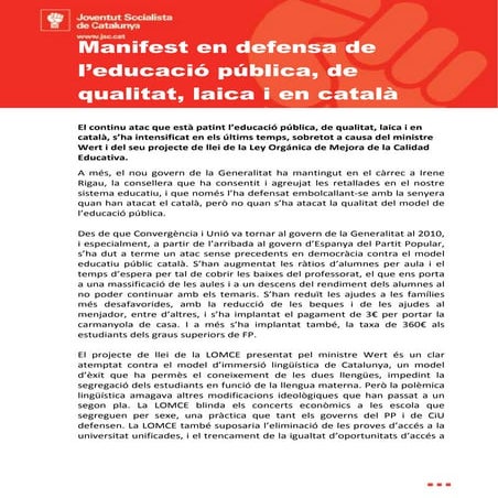 Manifest en defensa de l’educació pública, de qualitat, laica i en català