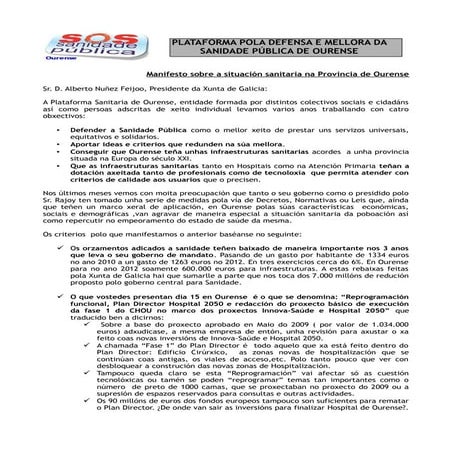 Manifesto ao presidente da xunta de galicia maio 2012