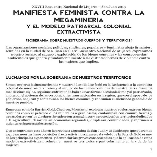 Manifiesta feminista contra la megaminería y el modelo colonial patriarcal ex...