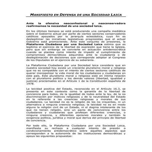 Manifiesto En Defensa De Una Sociedad Laica