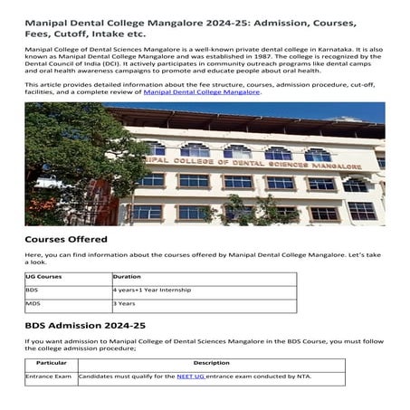 Manipal Dental College Mangalore 2024-25: Admission, Courses, Fees, Cutoff, I...