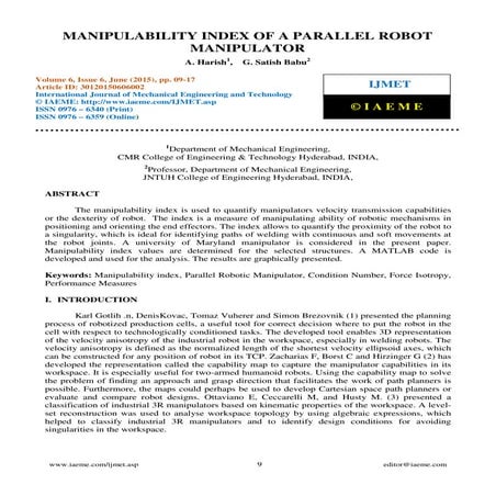 Manipulability index of a parallel robot manipulator