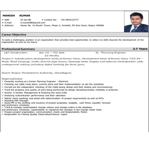 Manish kumar project planning &amp; control with 3.7 years of experience