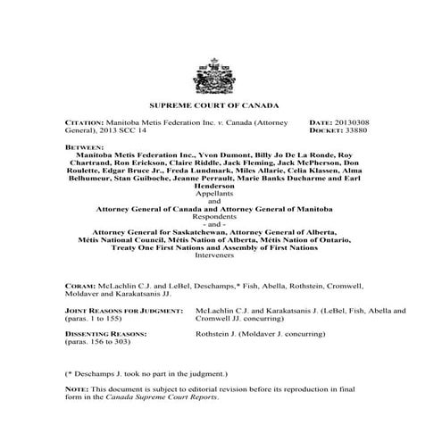 Manitoba Metis v Canada 2013 scc 14