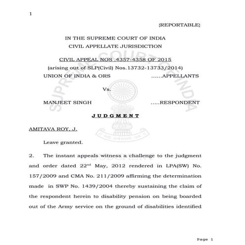 SC Judgment dated 12 May 15 on disability Pension_Manjeet SIngh