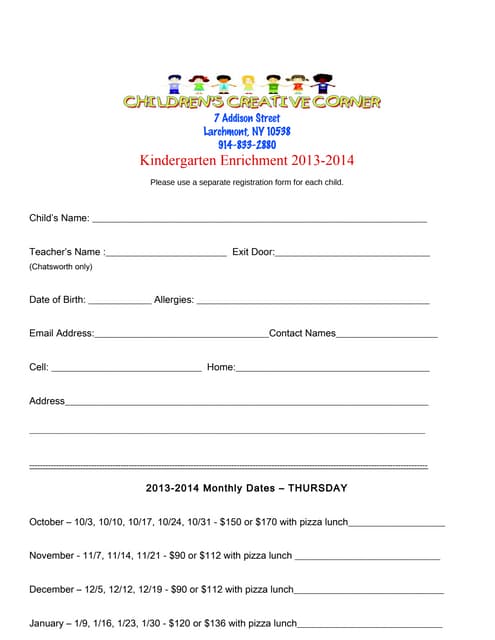 Kindergarten Program Registration Form For Fridays