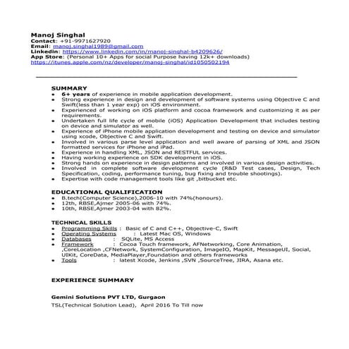 Manoj singhal resume