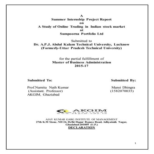 A STUDY OF ONLINE TRADING IN INDIAN STOCK MARKET