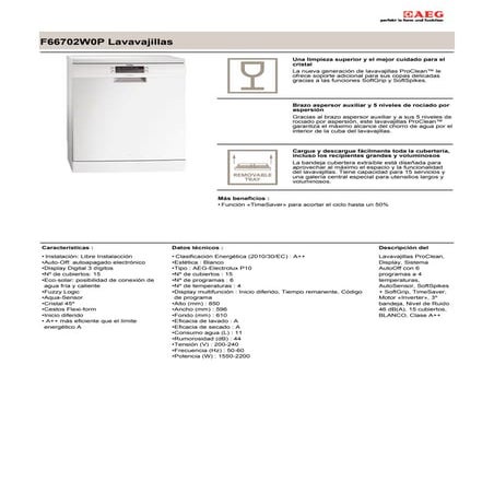 Manual aeg lavavajillas f66609w0p | PDF