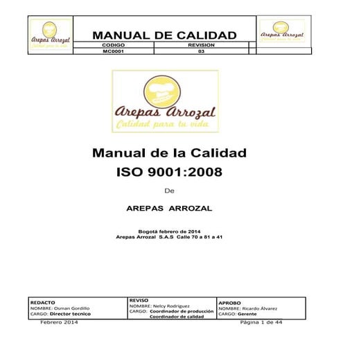 Manual de calidad Arepas Arrozal S.A.S