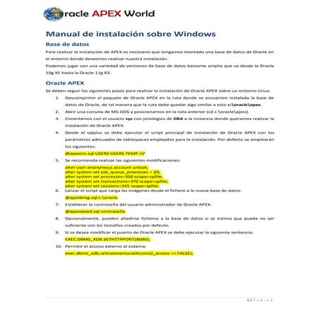 Manual de instalación de oracle apex sobre entorno windows | PDF