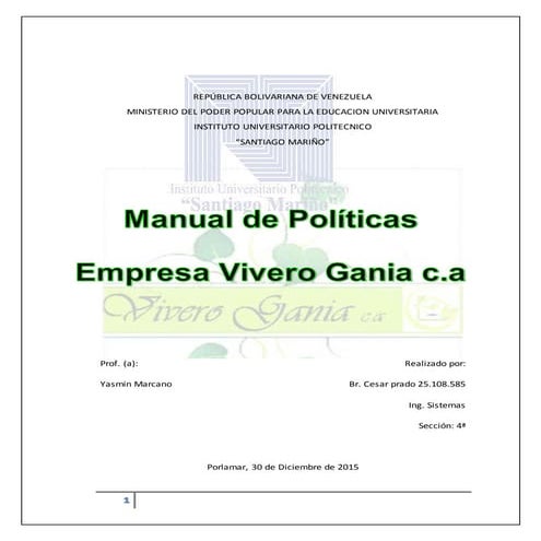 Manual de politicas empresa vivero gania, c.a