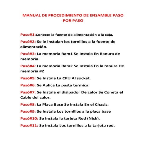 Manual de procedimiento de ensamble paso por paso