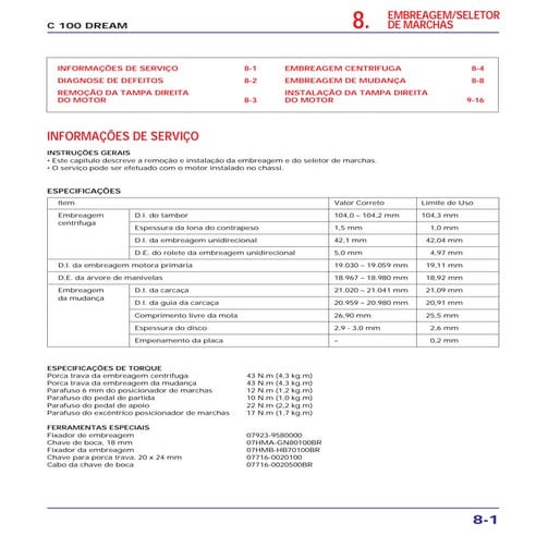 Manual de serviço c 100 dream - 00 x6b-gn5-710 embreage