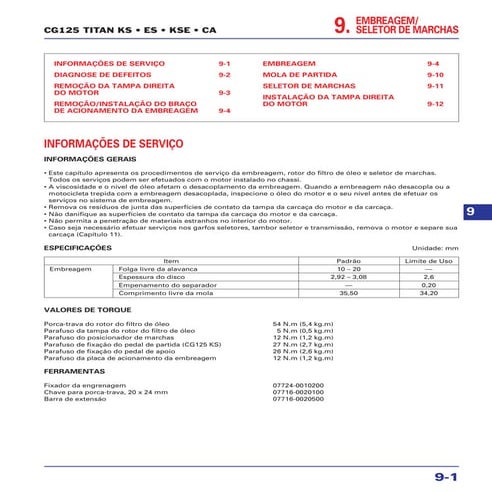Manual de serviço cg150 titan ks es esd embreagem